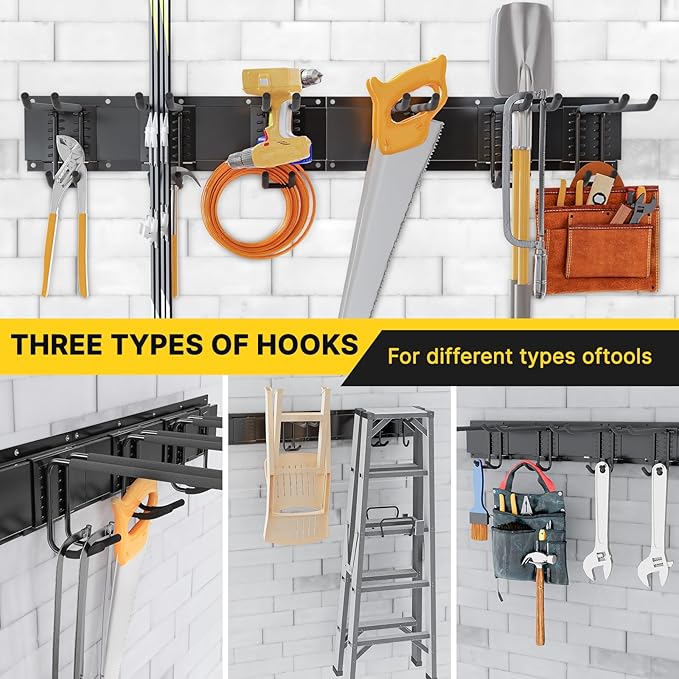 Garage Organization, Garage Tool Organizer Wall Mount with 48 inches Rails and 6 Double-layer Hooks, Tool Organizer Rack For Yard Tools, Shovel, Chair, Snowborad