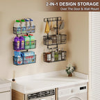 Adjustable Over The Door Organizer, Metal Hanging Door Organizer with 5 Wire Basket 7 Hooks, Wall Mounted Shelf for Pantry Laundry Organization and Storage, Black