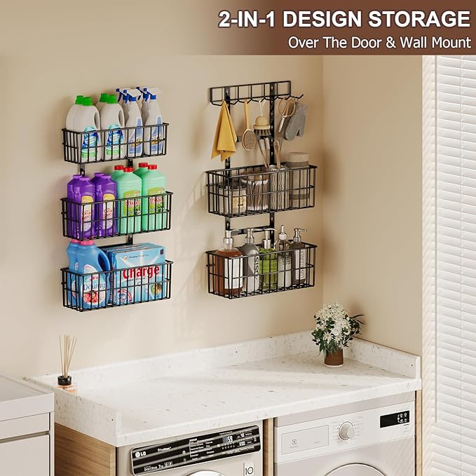 Adjustable Over The Door Organizer, Metal Hanging Door Organizer with 5 Wire Basket 7 Hooks, Wall Mounted Shelf for Pantry Laundry Organization and Storage, Black