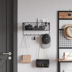 OROPY Entryway Mail Holder with Key Hooks, 14" L×4.7" W×6.5" H, Wall Mounted Matte Black Metal Wire Mesh Storage Basket with 6 Hooks, easy to Organize Letters, Magazines, Keys, Leashes for Entryway