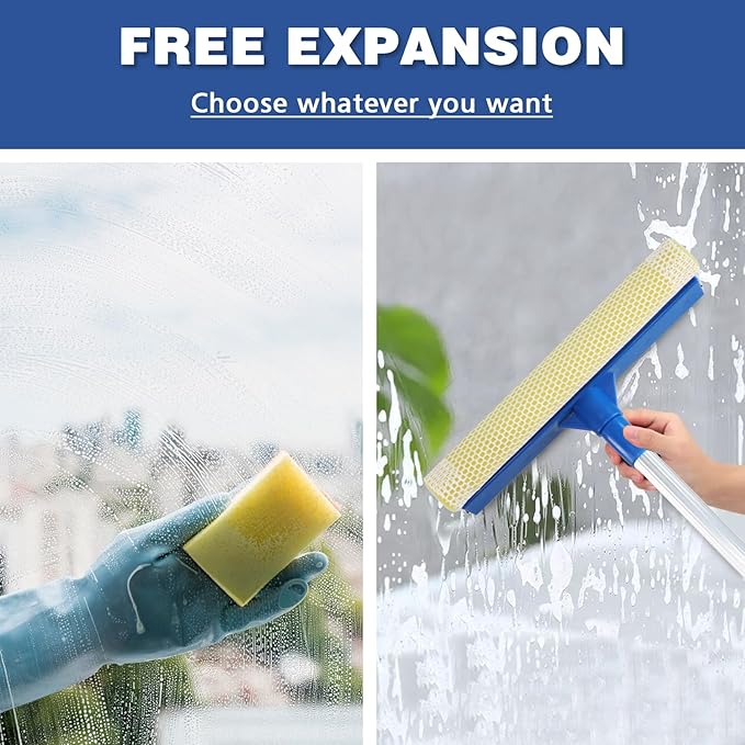 Professional Window Squeegee,2 in 1 Squeegee Window Cleaner with Long Stainless Steel Handle,Sponge Car Window Squeegee for Gas Station, Glass,Shower,Outdoor High Window Cleaning (Expansion payment)