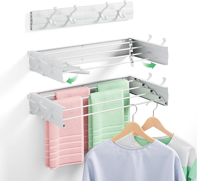 Wall Mounted Drying Rack 23.6", Foldable Laundry Clothes Drying Rack with 4 Towel Hooks and 4 Rods for Hanging Clothes Delicates, Space Saving for Indoor Outdoor Bathroom Balcony Laundry Room (23.6'')