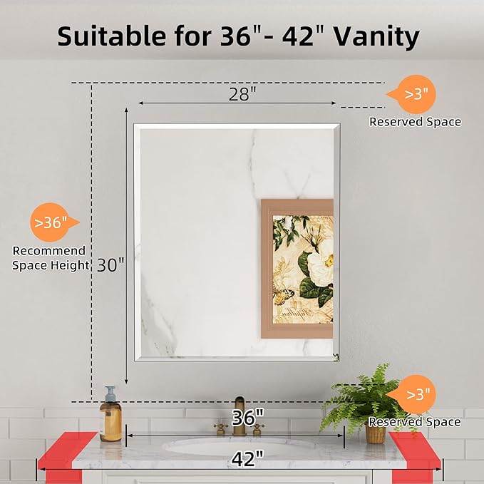 28x30 Inch Medicine Cabinet with Mirror, Aluminum Medicine Cabinet, Tempered Beveled Edge Large Singer Door Mirror, Adjustable Shelves, Surface or Recessed Mount Bathroom Mirrors with Storage, Black