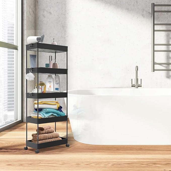 SPACEKEEPER 5-Tier Rolling Cart, Bathroom Storage Organizer Utility Cart, Mobile Shelving Unit Slide Out Shelves for Kitchen Living Room Laundry Room & Dressers, Black