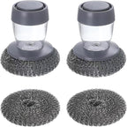 Steel Wool Scrubber with Soap Dispenser for Dish Sink Pan Stove Kitchen, Stainless Dishwashing Scouring Pad, Dispensing Heavy Duty Brush Scourer Cast Iron 2+2