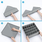 Sock Organizer 4 Pack, 24 Cell Underwear Organizer Foldable Underwear Storage, Sock and Underwear Drawer Organizer for Socks Ties Underwear Belts. (Grey)