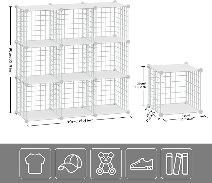 HUBSON Wire Cube Storage Organizer, Book/Toy/Craft/Potted Plants and petCloset Organizers and Storage Shelves, 9-Cube Freely Combinable Metal Grids Storage Shelf,White Plus Iron