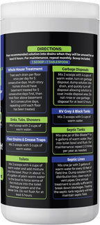 Enzyme Drain and Septic Cleaner and Friendly Bacteria Booster. Extra Large 2 lb. Deodorizes and Unclogs Pipes - Septic Tanks - RV Tanks-and More. No Caustic Chemicals! Dissolves Fats, Oil, and Grease.