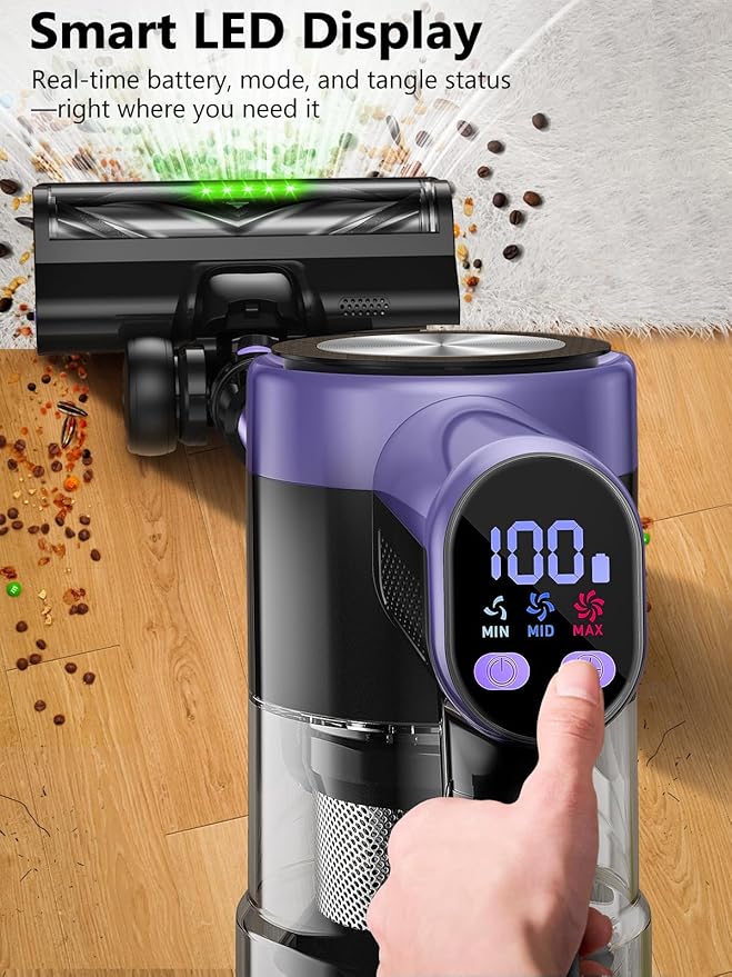 Cordless Vacuum Cleaner, 46Kpa/55 Mins Vacuum Cleaners for Home, Self-Standing Stick Vacuum with Rechargeable Dock,LED Display & Anti-Tangle,Lightweight Rechargeable Vacuum for Carpet (Violet)
