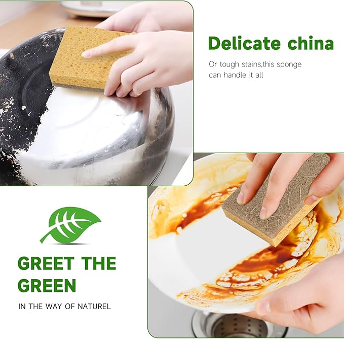 10 Pack Biodegradable Natural Sponges Kitchen - Compostable Cellulose and Coconut Walnut Scrubber Sponge - Eco Friendly Sponges for Dishes