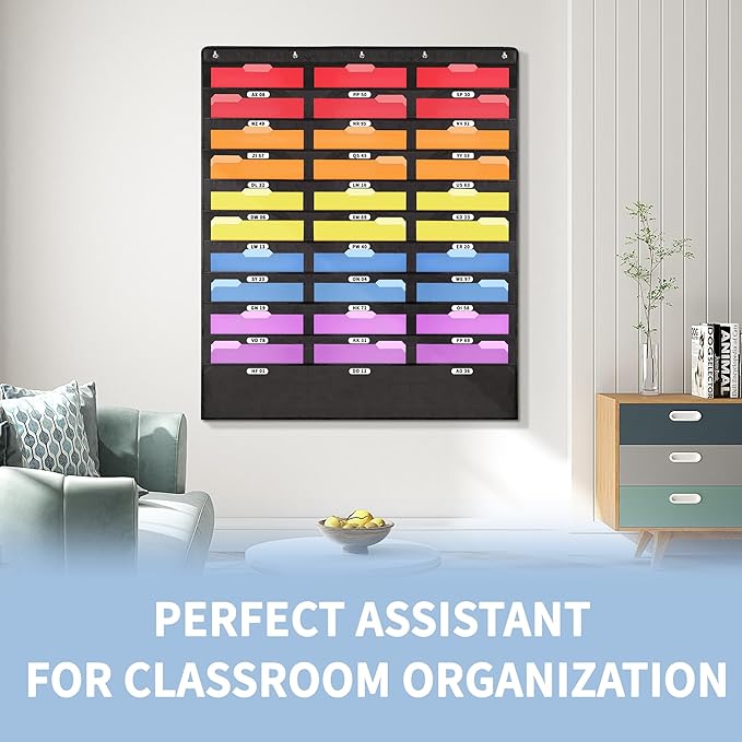 Annecy 30 Pockets Classroom Mailbox, Hanging Wall File Organizer, Black Storage Pocket Chart for Folder and Paper, Space Saver, Come with Wall Hangers, Over The Door Hooks, Labels
