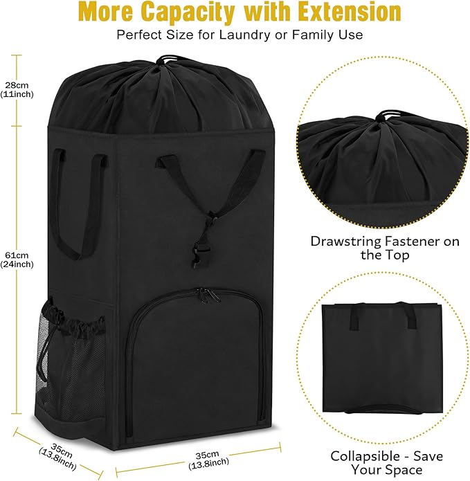 110L Backpack Laundry Bag, Laundry Backpack Heavy Duty with Shoulder Straps, Collapsible and Mesh Pocket Back to School Supplies Hamper Bag for College, Travel, Laundromat, Apartment Black