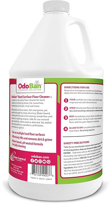 OdoBan Ready-to-Use Hard Surface Floor Cleaner, Streak Free and Neutral PH Formula, Made in the USA, Scentless, 4 Gallons