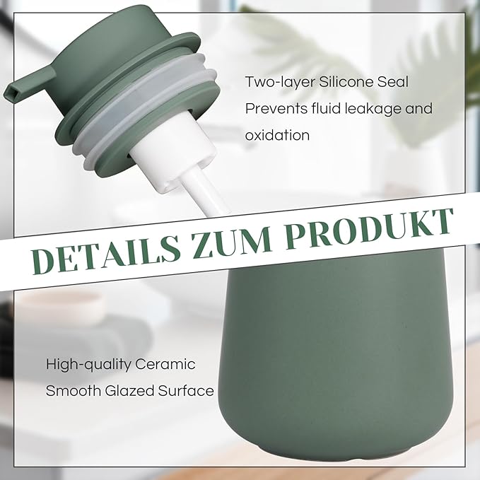 INGOFIN Ceramic Foaming Soap Dispenser - 12oz Foam Hand Soap Dispenser Bathroom, Modern Dish Soap Bottle with Pump for Kitchen, Matte Green