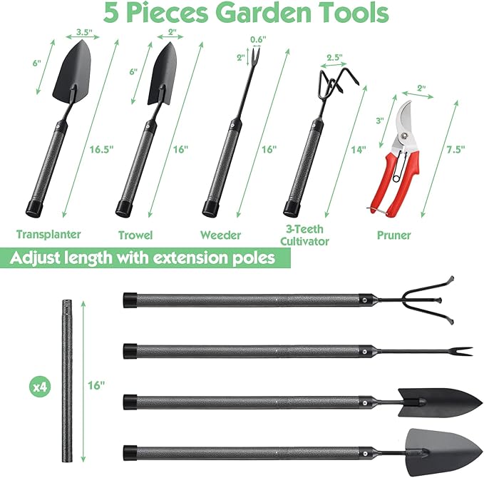 Garden Tools Set 5 Piece with Extended Handle, Heavy Duty Garden Tools Set, Ideal Gardening Tool Kit Gifts for Parents and Kids Including Trowels, Hand rake, Weeder, Pruning Shears