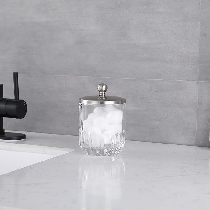 Glass Jar with Metal Lid for Bathroom Organization, Clear Apothecary Jar for Cotton Balls, Q Tips, and Small Accessories, Stylish Bathroom Storage Container Nickel
