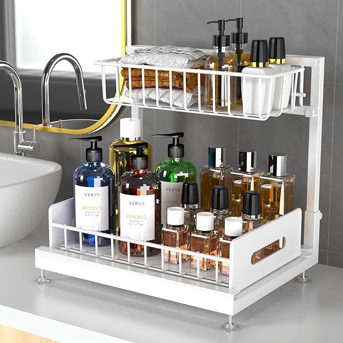 2 Pack Under Sink Organizer, Pull Out Cabinet Organizer 2 Tier Slide Out Sink Basket Drawer Sink Shelf Cabinet Storage Shelves ,Adjustable L Shape Counter Organization for Kitchen Bathroom , White