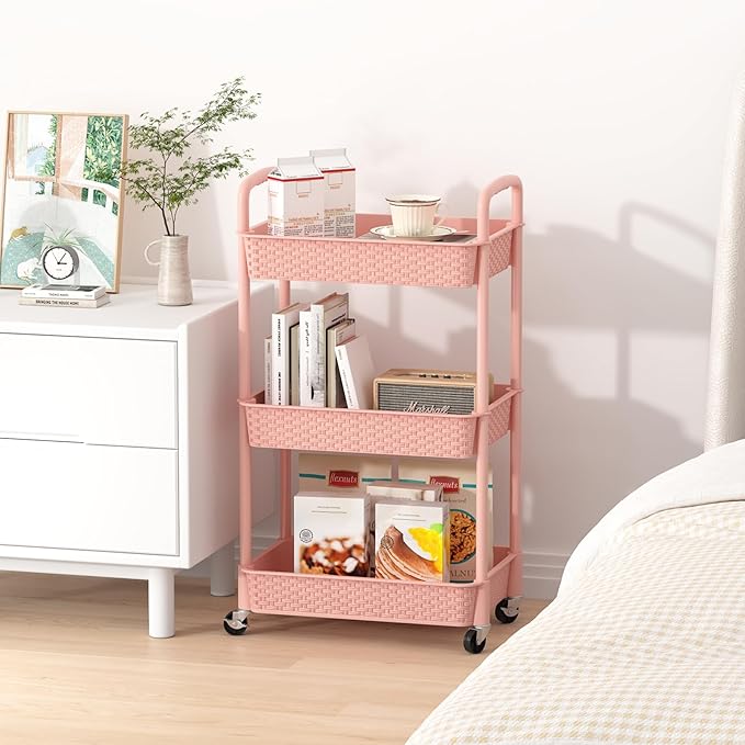 MOYIPIN 3-Tier Plastic Rolling Utility Cart with Handle,Utility Storage Cart for Office, Living Room, Kitchen,Movable Storage Organizer Shelves,Pink