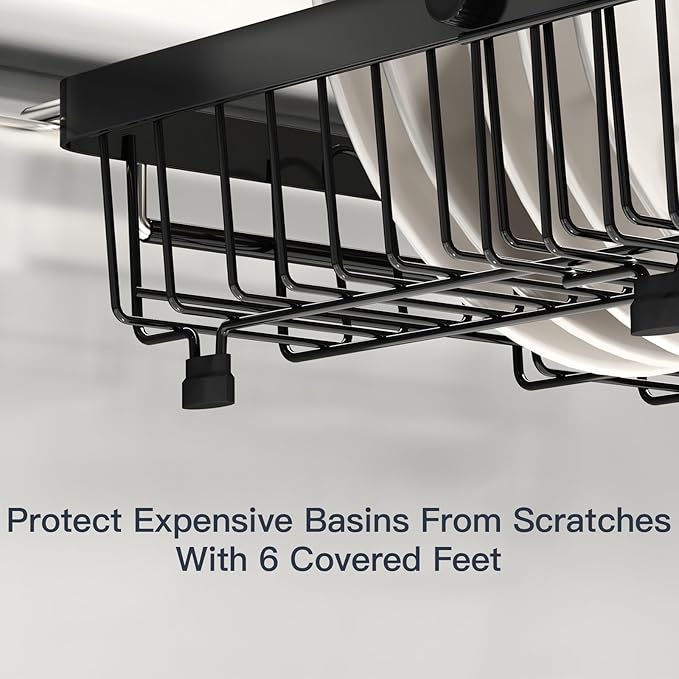MAJALiS Expandable Stainless Steel Over The Sink Dish Drying Rack for Small Kitchen Counter Space Saving, Compact RV Plate Drainer Strainer in Black Wire Metal with Hanging Adjustable Utensil Holder