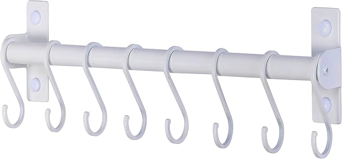 Dseap Kitchen Utensil Holder Hanger, Pot and Pan Rack Wall Mounted, Kitchen Rail with 8 Hooks for Hanging Cooking Utensils, Mugs, Spoons, Wall Mounted, White