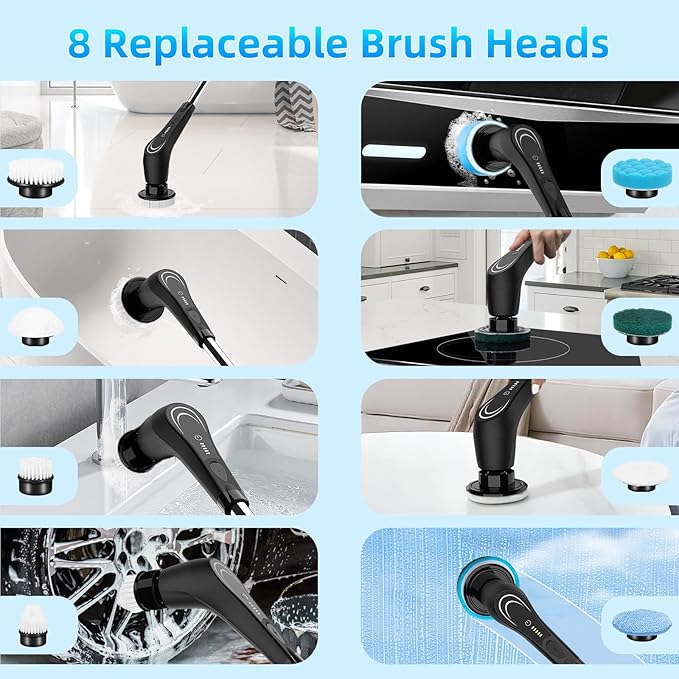 Black Electric Spin Scrubber, Cordless Spin Scrubber with 8 Replaceable Brush Heads, Electric Scrub Brush with Adjustable Extension Handle, Electric Cleaning Brush for Bathroom, Tile and Bathtub