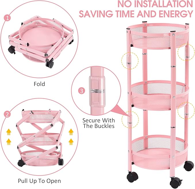 TOOLF 3-Tier Foldable Metal Storage Rolling Cart, Collapsible Utility Cart, No Assemble, Multifunction Organizer Trolley with Lockable Wheels for Kitchen, Living Room, Bathroom, Pink
