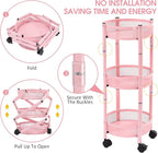 TOOLF 3-Tier Foldable Metal Storage Rolling Cart, Collapsible Utility Cart, No Assemble, Multifunction Organizer Trolley with Lockable Wheels for Kitchen, Living Room, Bathroom, Pink