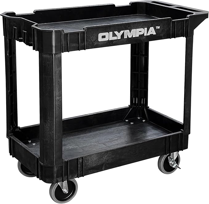 Olympia Tools 2 Shelf Black Rolling Utility Cart - Supports Up to 500 lbs, Comfort Handle - Heavy Duty Carts With Wheels - Great for Warehouse, Garage, Manufacturing, Cleaning