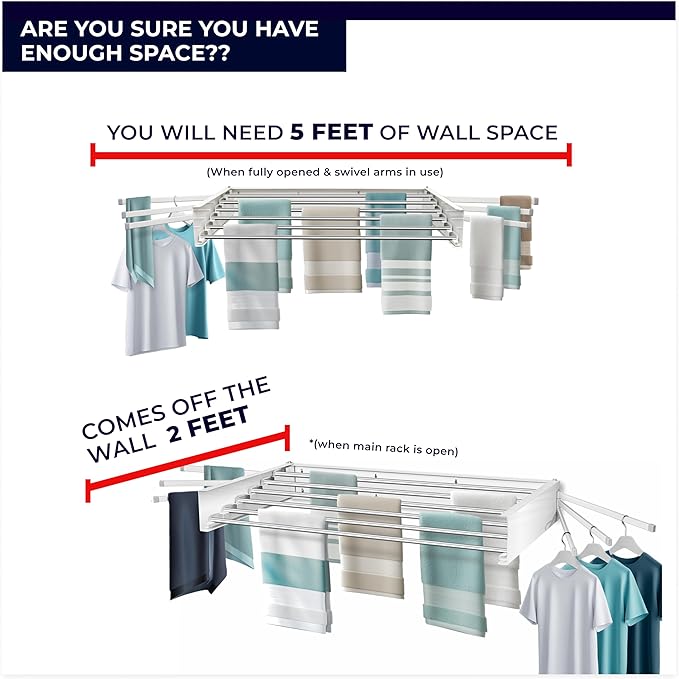 MODERN-X Wall Mounted Clothes Drying Rack with 6 Swivel arms, 35”Wide, 26 Linear ft of Laundry Drying Rack Space, 6 Collapsible Aluminum rods, 2X Drying Capacity, Space Organizer Holds up to 60lbs