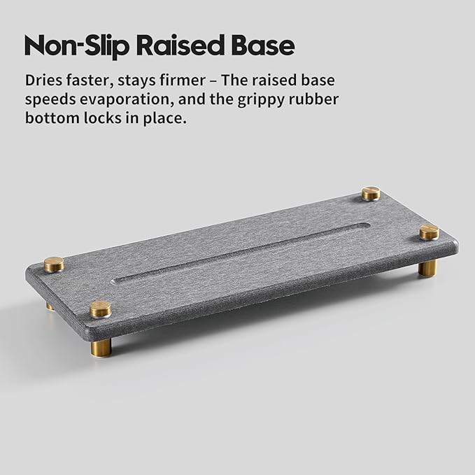 Kitchen Sink Caddy Water Absorbing Stone Drying Tray, Diatomite Bathroom Sink Organizer, Faucet Counter Mat Coaster, Soap Dish Rack Riser Dispenser Sponge Holder, Dark Gray Gold 10" x 4"