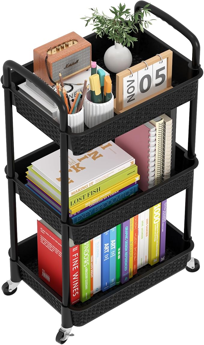 MOYIPIN 3-Tier Plastic Rolling Utility Cart with Handle,Utility Storage Cart for Office, Living Room, Kitchen,Movable Storage Organizer Shelves,Black