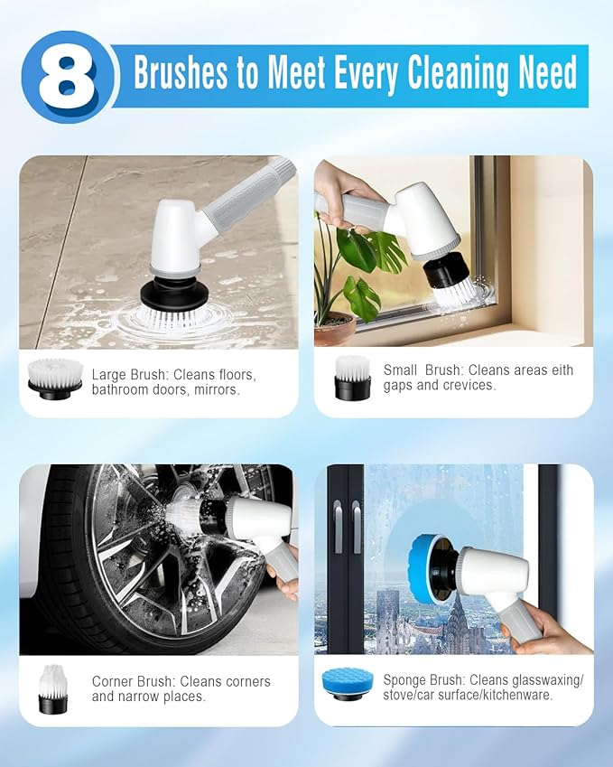 Electric Spin Scrubber Bathroom Scrubber - Cordless Shower Scrubber with Adjustable Handle, 2 Speeds, Bathroom Scrubber with 8 Replaceable Brush Heads, Power Scrubber for Bathroom Bathtub Cleaning