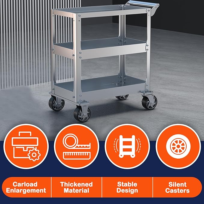 DDJ Stainless Steel Utility Cart on Wheels, 3-Tier 1100 lbs Heavy Duty Tool Cart with Wheels, Commercial Rolling Service Cart for Garage Workshop Warehouse Mechanic Kitchen 18.1" D x 30.7" W x 36.2" H