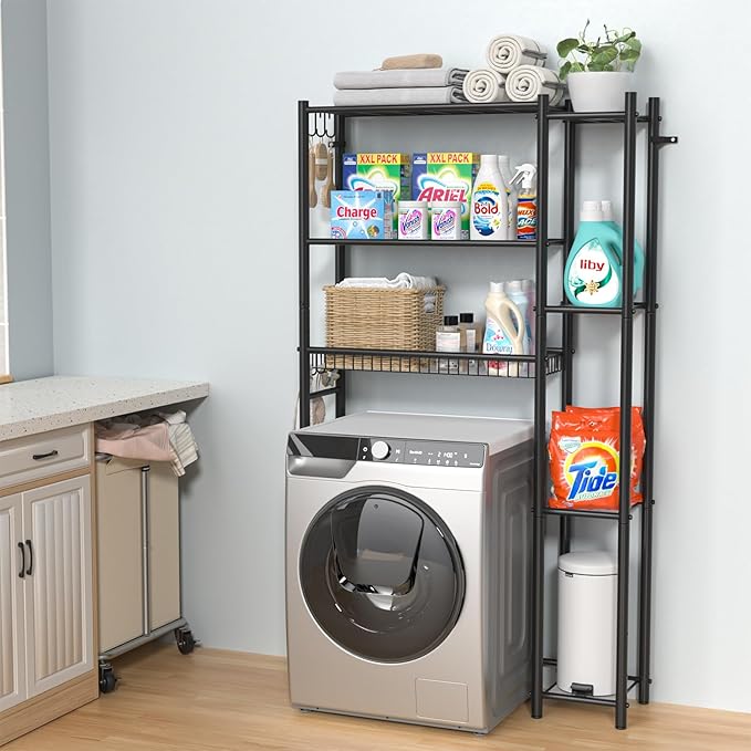 Over the Toilet Storage Shelf - Bathroom Organizer Rack with 7-Tier Shelves, Adjustable Metal Shelf Above Toilet for Towel, Decor, and Bath Essentials, Freestanding Bathroom Space Saver, Black