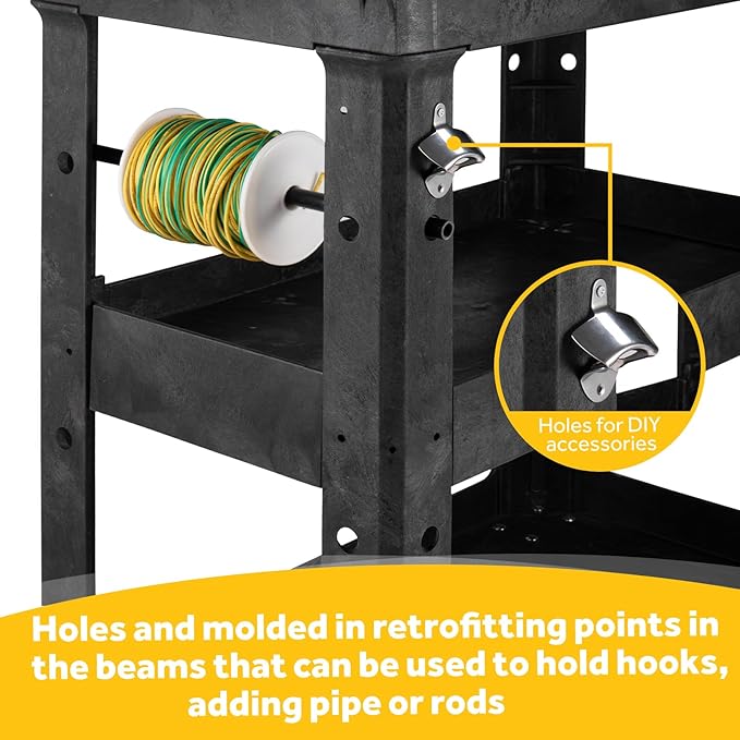 ELAFROS 3 Shelf Heavy Duty Utility Cart, 34" x 17" x 38.5", Rolling Work Cart with 4 Swivel Wheels, Deep Shelves, Safely Holds up to 550 lbs 3-Tier Service Tool Cart, Black