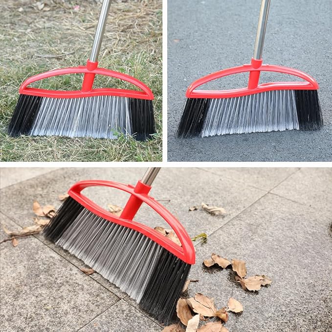 Outdoor Broom, 15.7" Wide Heavy Duty Angle Broom with Long Handle, Stiff Bristles for Sweeping Patio, Garden, Garage, Yard (Red), MULB36