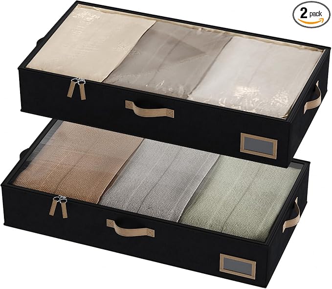 Under Bed Storage, Under Bed Storage Containers Bins for Clothes, Large Linen Underbed Closet Organization Bins, 2 Pack Collapsible Underbed Bin Dorm for Clothes, Sweater, Black