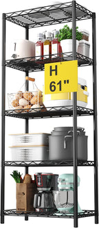 HOMEFORT 5-Tier Wire Shelving 5 Shelves Unit Metal Storage Rack Durable Organizer Perfect for Pantry Closet Kitchen Laundry Organization in Black,21”Wx14”Dx61”H