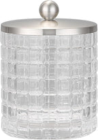 Clear transparent Apothecary Etched Geometric Grid Glass Jar W/Satin Nickel Metal Lid Cover for Bathroom Organization, Cotton Balls, Q Tips, and Small Accessories, Bathroom Storage
