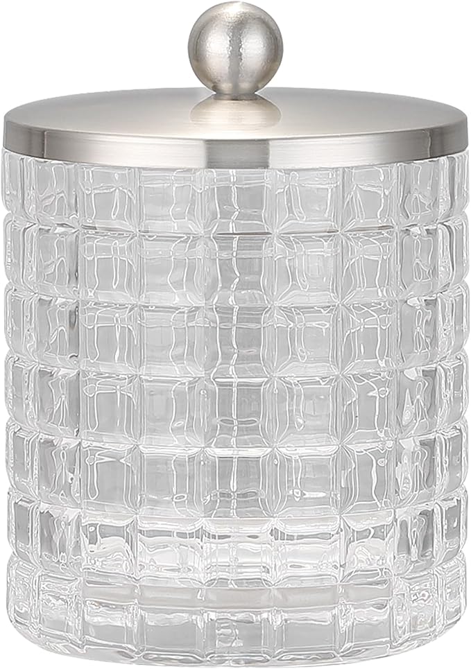 Clear transparent Apothecary Etched Geometric Grid Glass Jar W/Satin Nickel Metal Lid Cover for Bathroom Organization, Cotton Balls, Q Tips, and Small Accessories, Bathroom Storage
