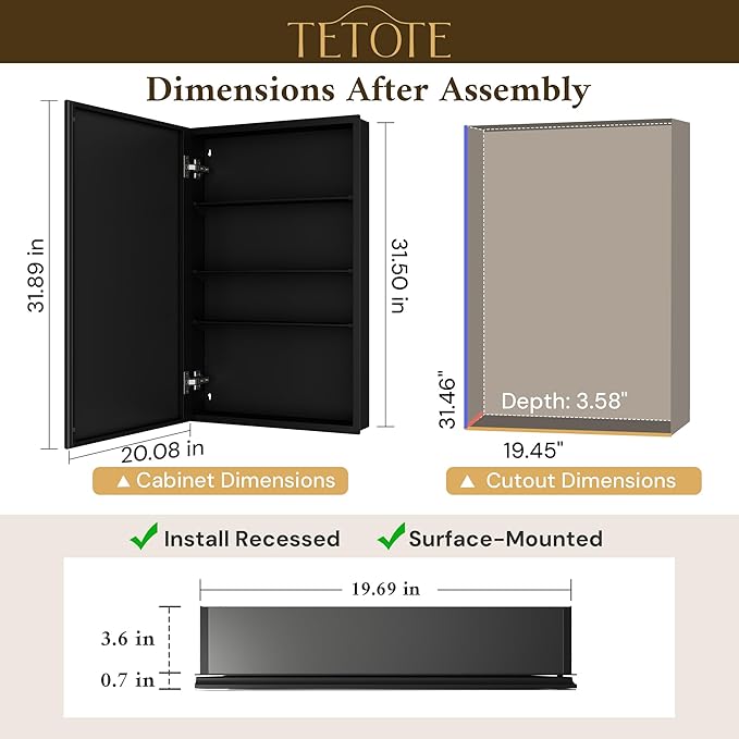 TETOTE 20 x 32 Mirrored Medicine Cabinets for Bathroom with Tempered Beveled Mirror Black Medicine Cabinet Aluminum Cabinet DTC Hinges, Stepless Adjustable Shelves, Recessed/Surface-Mounted