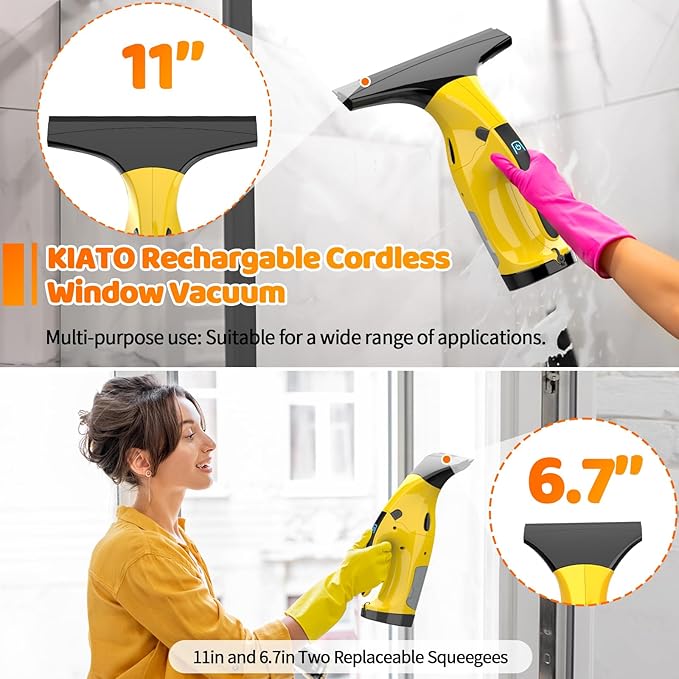 Window Vacuum Squeegee Cordless, Rechargeable Window Vacuum Cleaner with 2 X Squeegee (11”+ 6.7”), Electric Window Vac for Windows, Tiles, Mirrors, Showers, Glass, 2200mA