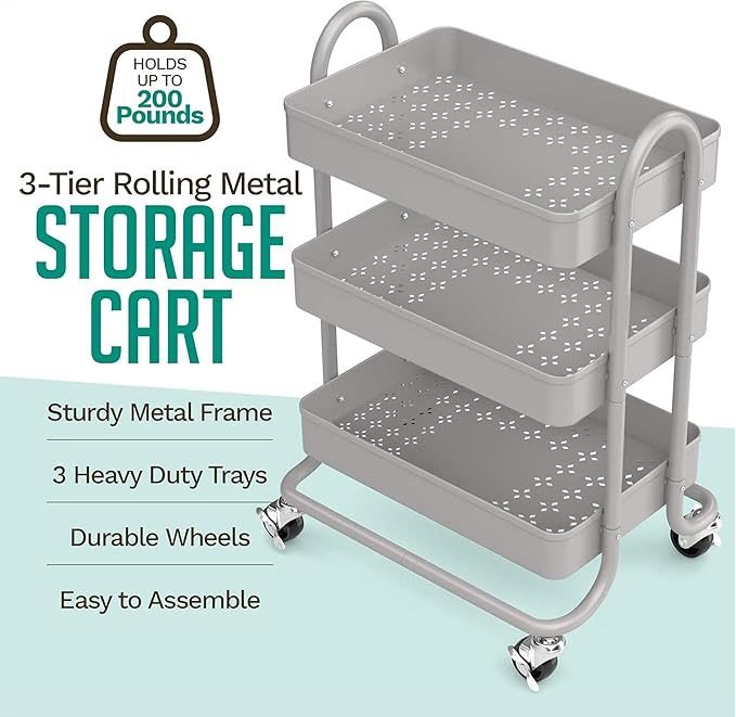 KoolerThings 3-Tier Rolling Metal Storage Organizer - Mobile Utility Rolling Storage Cart, Kitchen Cart with Caster Wheels (Grey)