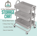 KoolerThings 3-Tier Rolling Metal Storage Organizer - Mobile Utility Rolling Storage Cart, Kitchen Cart with Caster Wheels (Grey)