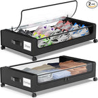 Molutsody Under Bed Storage with Wheels, 2-Pack Underbed Storage Containers with Clear Lids, Under Bed Shoe Storage Organizer, Rolling Under the Bed Storage Bins for Clothes Shoes Blankets (Black)