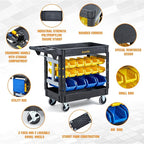 Elafros 2-Tier Utility Cart with 32 Storage Bins – Heavy-Duty Rolling Service Cart with Deep Tub Shelves, Locking Wheels, 550 lbs Capacity, 40.7"x17", for Workshop, Garage, Office