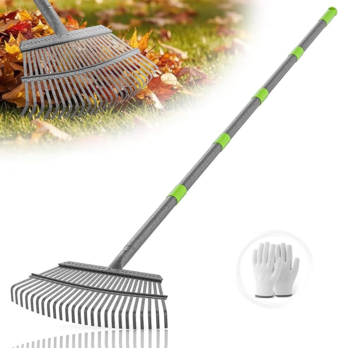 GARDENWORK Garden Leaf Rake,73" Long Handle Rake for Leaves,18" Wide Metal Garden Rakes with 25 Reinforced Tines and Adjustable Handle for Lawn,Shrub,Grass,Flower Beds
