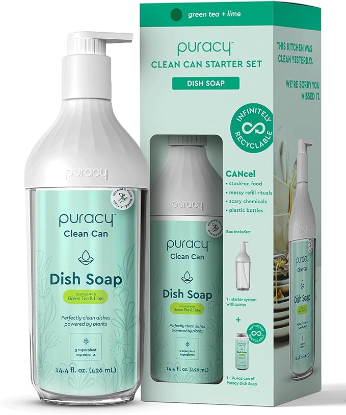 Puracy Natural Dish Soap Clean Can Starter Set - Plant-Based Dishwashing Soap, Non-Toxic Dish Soap, Natural Liquid Dishwashing Detergent Soap As Seen on TikTok (Green Tea & Lime, 14.4 fl oz)