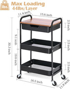 TOOLF 3-Tier Utility Rolling Cart with Wooden Board and Drawer, Metal Storage Cart with Handle, Black Trolley Kitchen Organizer Rolling Desk with Locking Wheels for Office, Classroom, Home, Bedroom