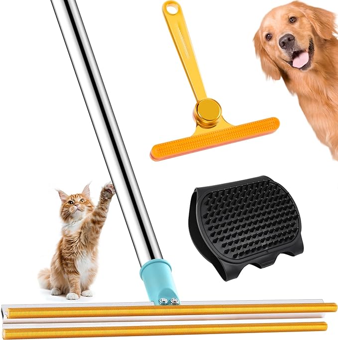 3 in 1 Carpet Rake for Pet Hair Removal Tool, 51” Adjustable Long Handle Pet Hair Removal Broom, Pet Grooming Brush, Cat Dog Hair Remover Carpet Scraper for Rugs, Mats